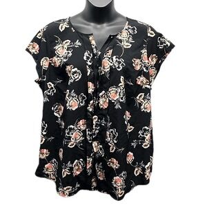 Croft Barrow Floral Blouse Black Pink Cap Sleeve Casual Top sz 2X